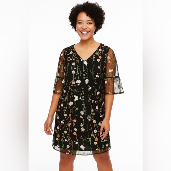 Worthington Dresses & Skirts - Worthington Floral Embroidered Mesh Overlay Mini Dress Black Sheer Sleeve Sz 12